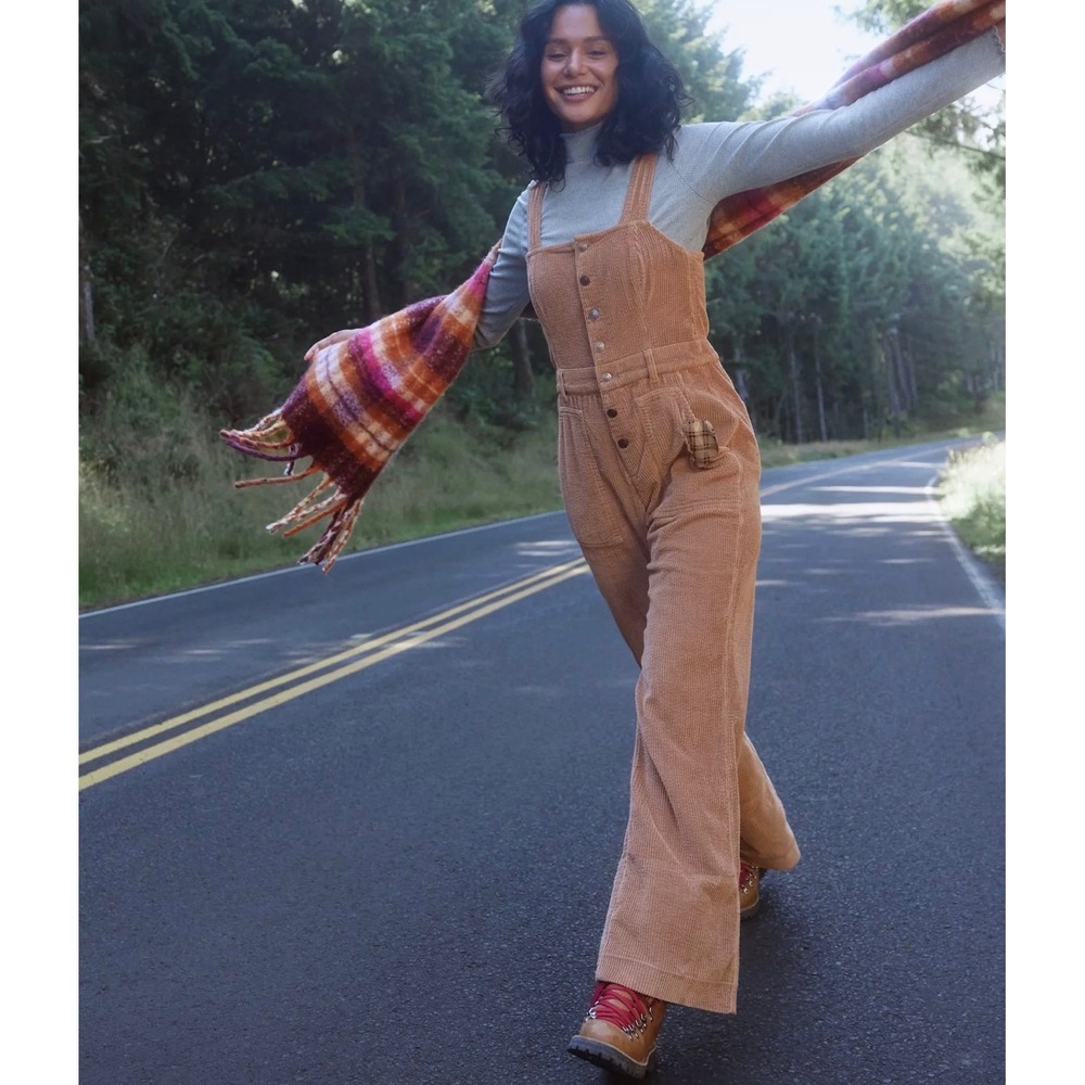 Aerie women's large brown corduroy overalls button front cargo pocket wide leg